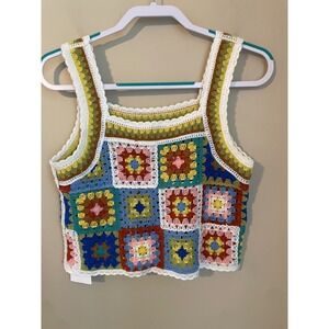 Adora Crochet Granny Square Boho Festival Cropped Tank Cottage Top Size S